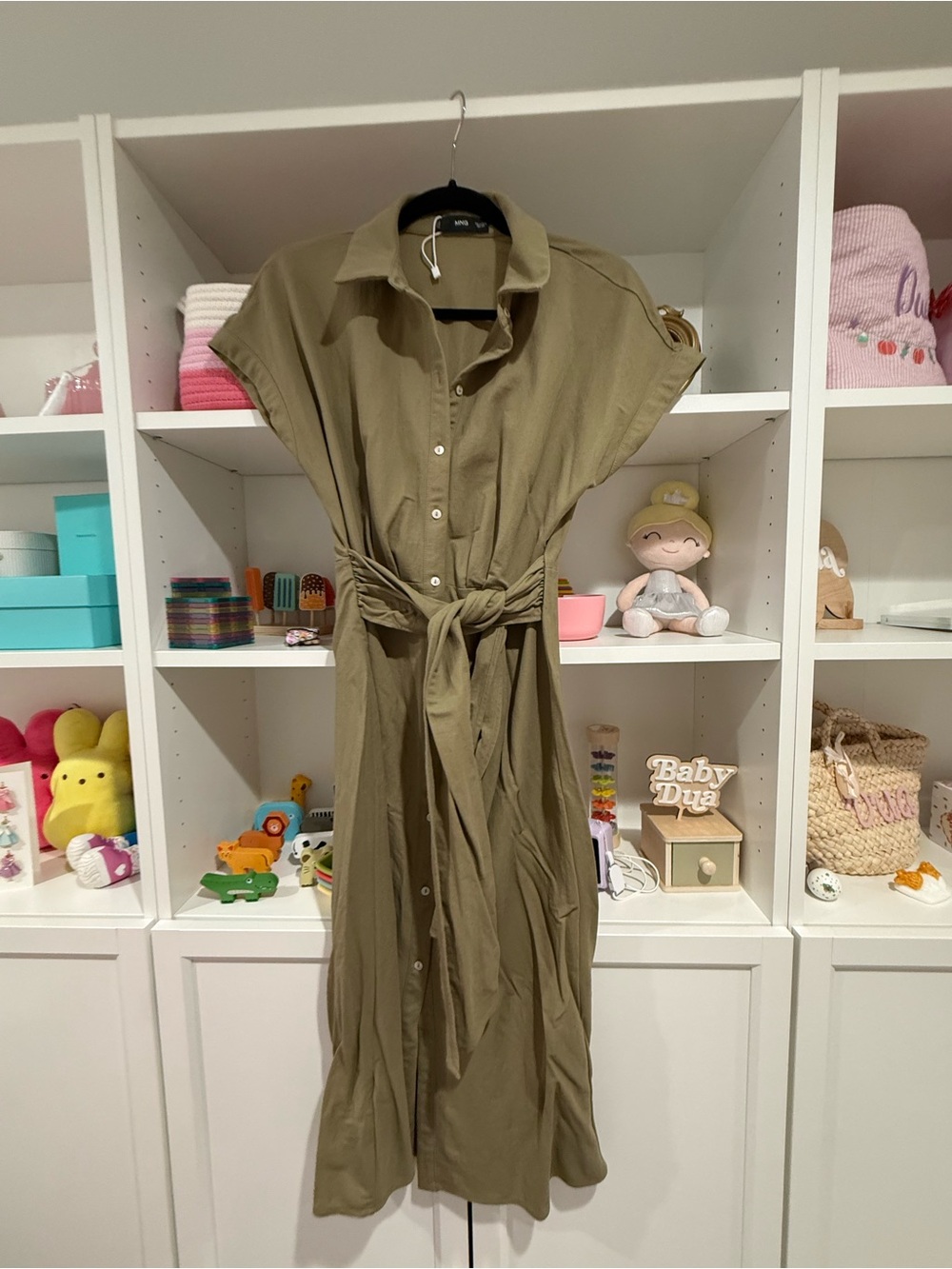 Mango Dress Size 4Olive Green Button-Front Tie-Waist Women's Dress